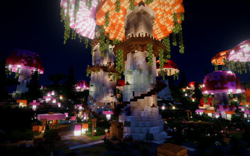 Looking up at a tower inside a giant glowing orange mushroom, with balconies, a spiral stair and glow berries, among pink and red mushroom houses at night