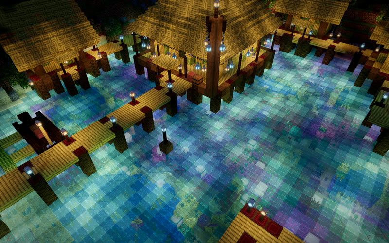 A lantern-strung stilt house and boardwalk over a lagoon glowing turquoise and violet from the coral reef below