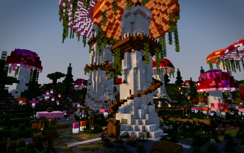 Glowshroom Hollow's mushroom tower rendered with the golden hour preset: warm low sun and long shadows