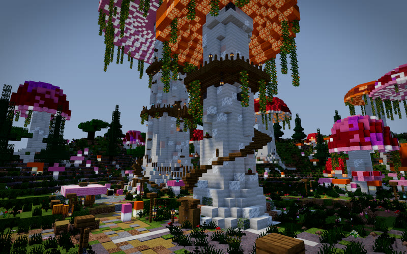Glowshroom Hollow's mushroom tower rendered with the noon preset: bright midday light