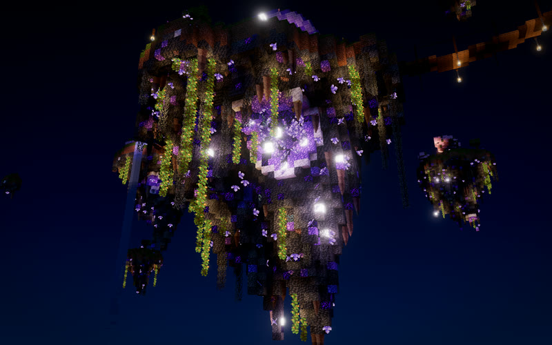 Looking up into a cut-open amethyst geode under a floating island, hung with glow-berry vines